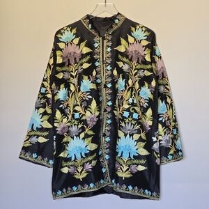 Floral Suzani Crafted Embroidered Black Button-front Mandarin Collar Coat Jacket